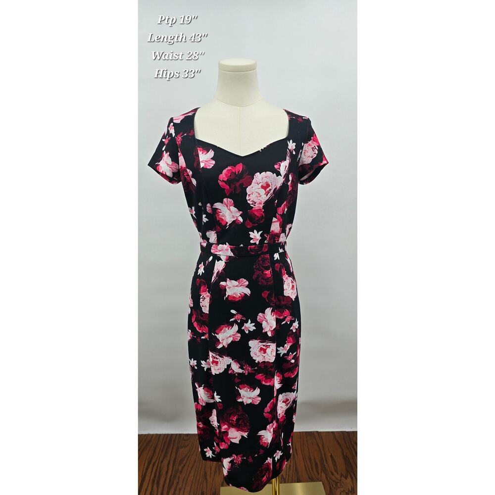 Eva Mendes NY&C Black Floral Sheath Dress 4 Sweetheart Neck Wiggle Stretch Midi